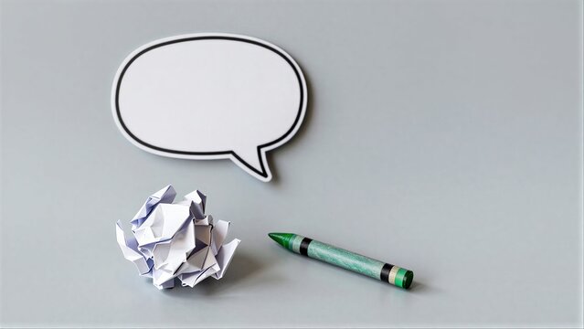 Crushed paper, green crayon, and speech bubble on plain gray surface.