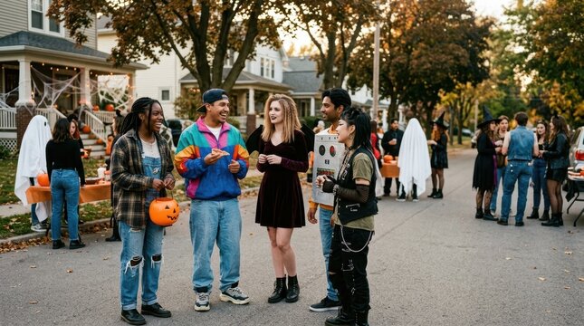 Diverse young adults in 1990s retro costumes at a suburban Halloween block party.