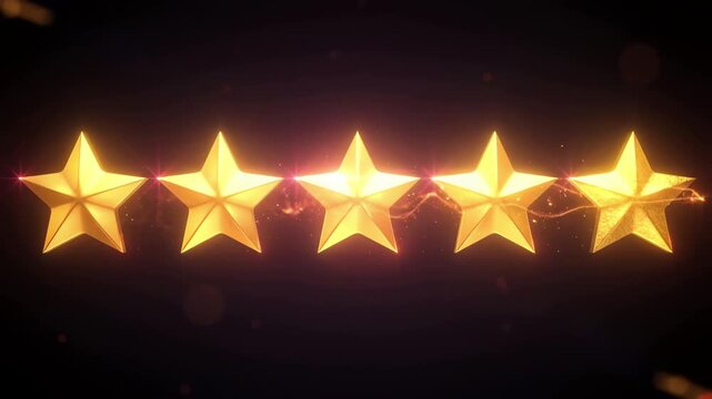 Animated five star rating system glowing in gold color on a dark background for product reviews and customer satisfaction feedback