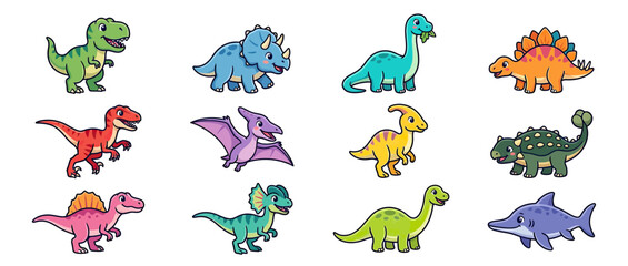 Obraz premium Cute cartoon dinosaurs collection isolated on transparent background