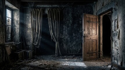 Fototapeta premium Haunted Room in a Derelict Mansion with an Open Wooden Door into Darkness, Tattered Velvet Curtains, and Dust Motes in Moonlight, Spooky Horror Background with Copy Space