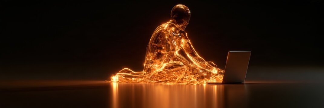 An abstract figure sits using a laptop, representing remote work in a low-cost location with warm currency tones against a dark background.