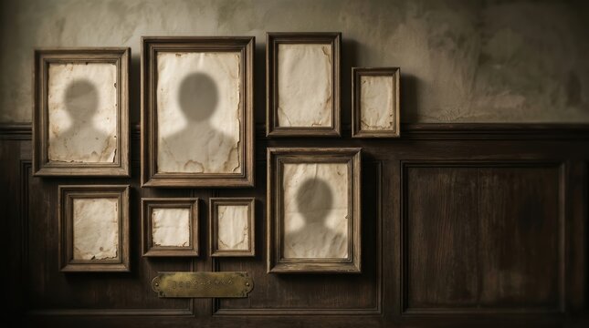 Haunting Vintage Wooden Frames with Obscured Portraits and Ghostly Silhouettes on Aged Wall, Conceptual Horror Hero Banner with Copy Space