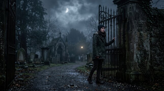 Woman at spooky cemetery gate in foggy moonlight