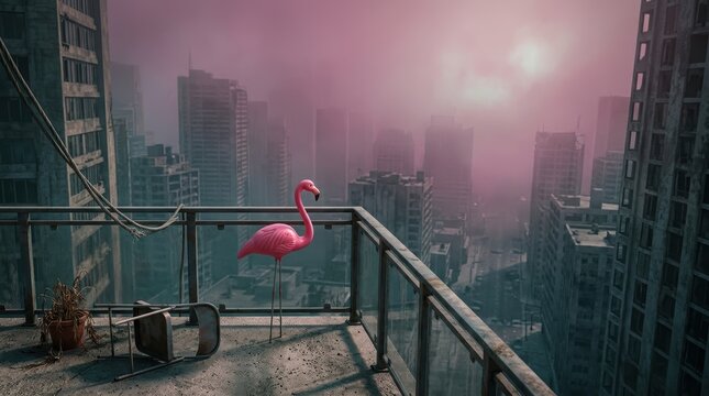 Surreal Absurdist Concept of a Pink Plastic Lawn Flamingo on a Desolate Skyscraper Balcony Overlooking an Eerie Apocalyptic City Fog with Copy Space