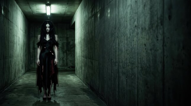 1990s Dark Fashion Editorial Banner with Haunted Woman in Concrete Hallway