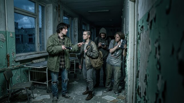 Gritty 1990s urban explorers in an abandoned hospital at night, tense cinematic horror scene with vintage fashion and flashlights.