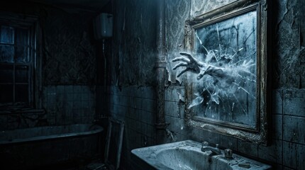 Obraz premium Horror Banner: Spectral Hand Reaching From Cracked Victorian Mirror in Haunted Bathroom