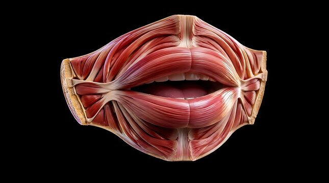 Detailed anatomical illustration of human mouth muscles isolated on a black background.