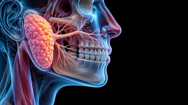 Medical illustration of the human parotid salivary gland and facial nerve anatomy.