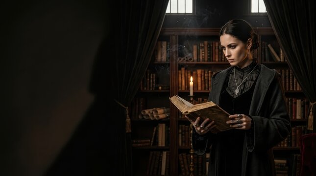 Dark Academia Fashion Banner with Occult Scholar Reading Grimoire in Ancient Library with Copy Space