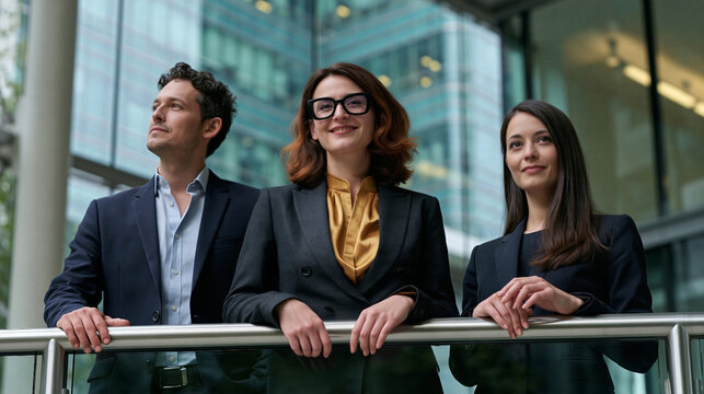 Confident business team standing together in modern office building with glass background, professional corporate portrait