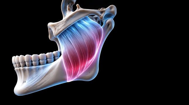 Anatomical illustration of the human masseter muscle and jawbone on a black background.