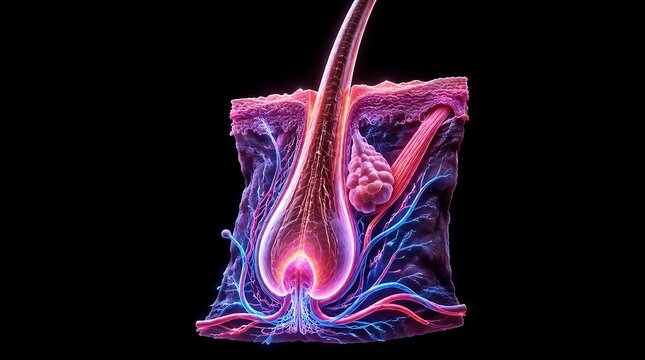 Detailed 3D medical illustration of a human hair follicle cross section showing anatomy and skin layers.