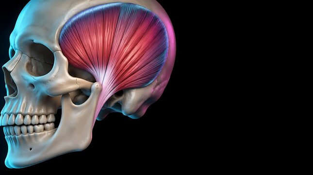 Medical illustration of the human skull and temporalis muscle anatomy on black background.