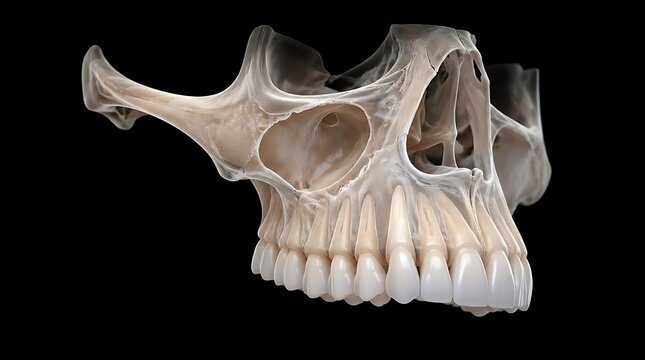 3D medical visualization of human upper jaw and teeth anatomy on black background.