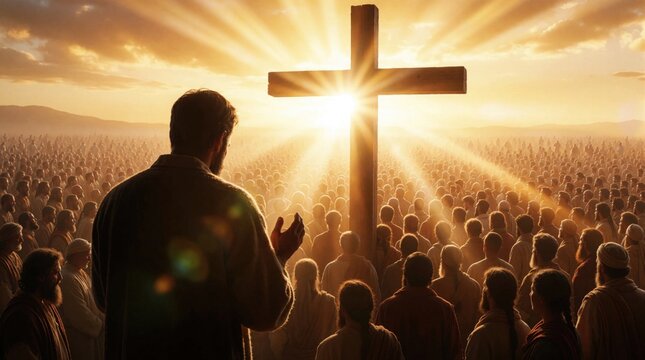 Man leads crowd before large wooden cross. Sun shines brightly through sky rays. People gather outdoors at sunset or sunrise, listening to spiritual message.