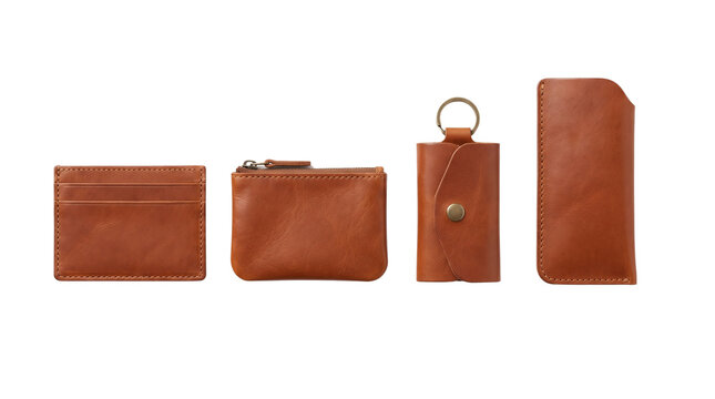 Four brown leather everyday carry accessories isolated on transparent background png