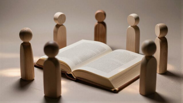 Wooden figures gather around an open book, symbolizing learning or community.