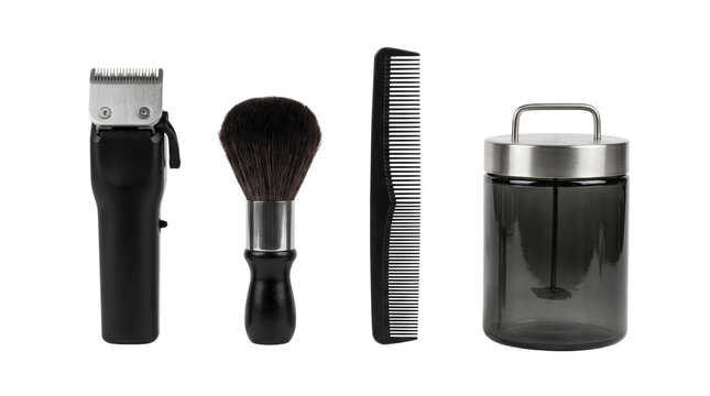 barber tools hair clippers shaving brush comb jar isolated on transparent background png