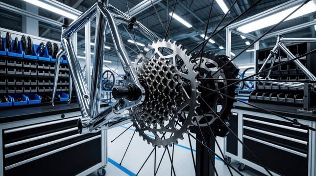 Close up view of shiny bicycle frame and gears being assembled in a modern factory. Organized components and tools are visible on workstations. High performance cycle production.