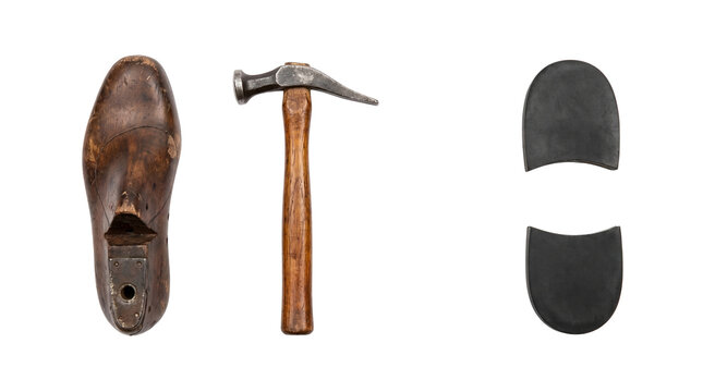 vintage wooden shoe last hammer and soles isolated on transparent background png