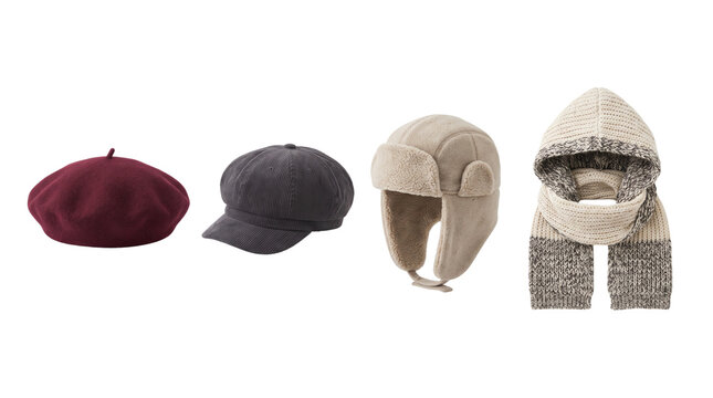Winter headwear set beret cap trapper scarf isolated on transparent background png