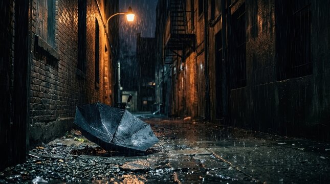 Cinematic dark urban alley at night with discarded umbrella in heavy rain under a single streetlamp for conceptual horror and isolation themes.