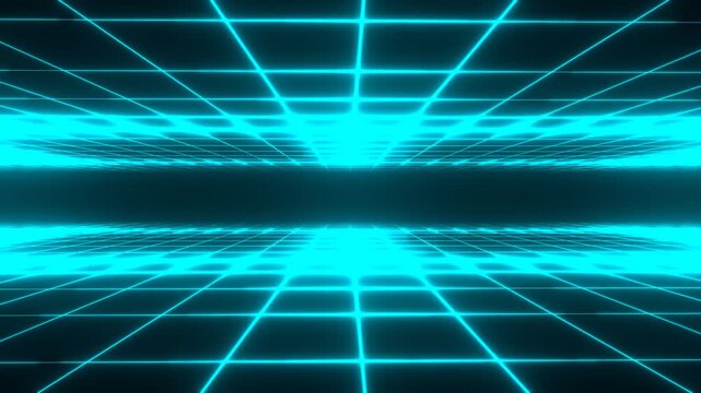 Abstract neon blue glowing grid lines creating a futuristic digital pathway into a virtual cyberspace tunnel, perfect for technology backgrounds or motion graphics