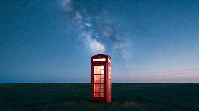 Antique red telephone booth standing alone in a grassy field under the starry night sky, mystical and stylish