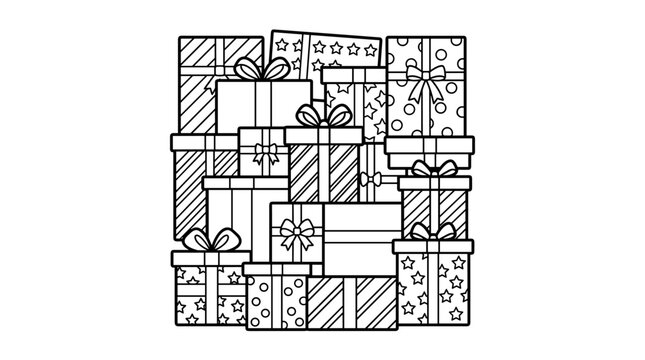 A pile of black and white line art gift boxes with bows, isolated on a white background.