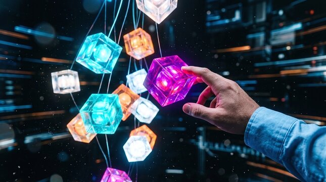 Hand reaching for glowing geometric shapes in a dark futuristic digital space