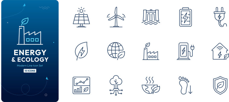 Renewable Energy and Ecology Line Icon Set for Green Technology Sustainable Power and Environmental Protection
