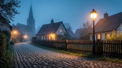 Obraz premium Misty village street at dawn with cobblestone road. Old houses, church spire emerge from thick fog. Warm glow from vintage street lamps illuminates quiet rural town. Peaceful morning scene in