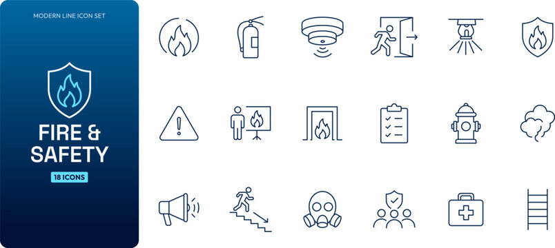 Fire and safety line icon set featuring fire extinguisher smoke detector emergency exit hydrant and gas mask