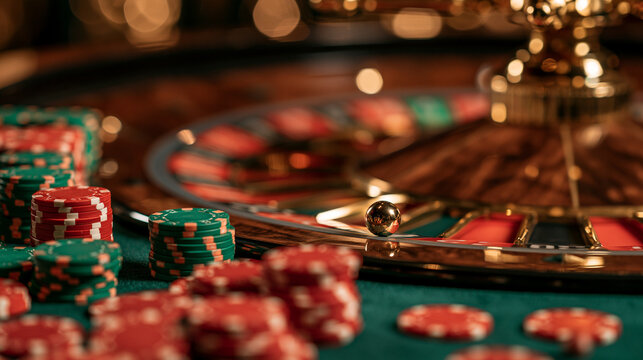 Casino Roulette with Ball, Gambling chips and roulette wheel on gaming table. Concept photography for game. 