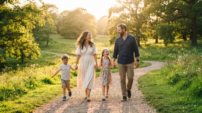 Happy family walking on a path in a park during golden hour