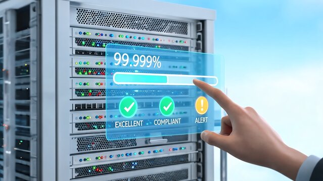 Macro Shot Server Rack with Cloud Service SLA Compliance AR Dashboard