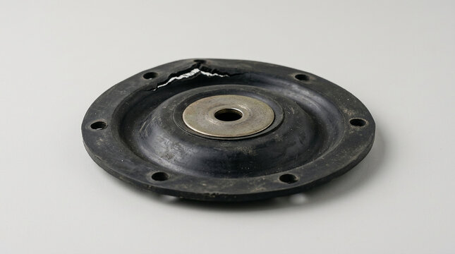 Torn rubber pneumatic valve diaphragm on a neutral background