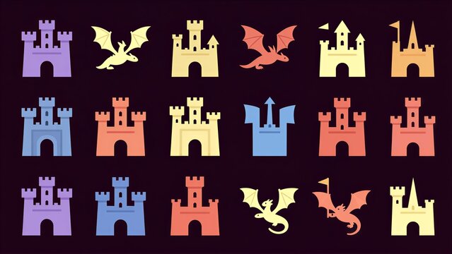 Colorful castles and dragons in a playful, stylized grid pattern.