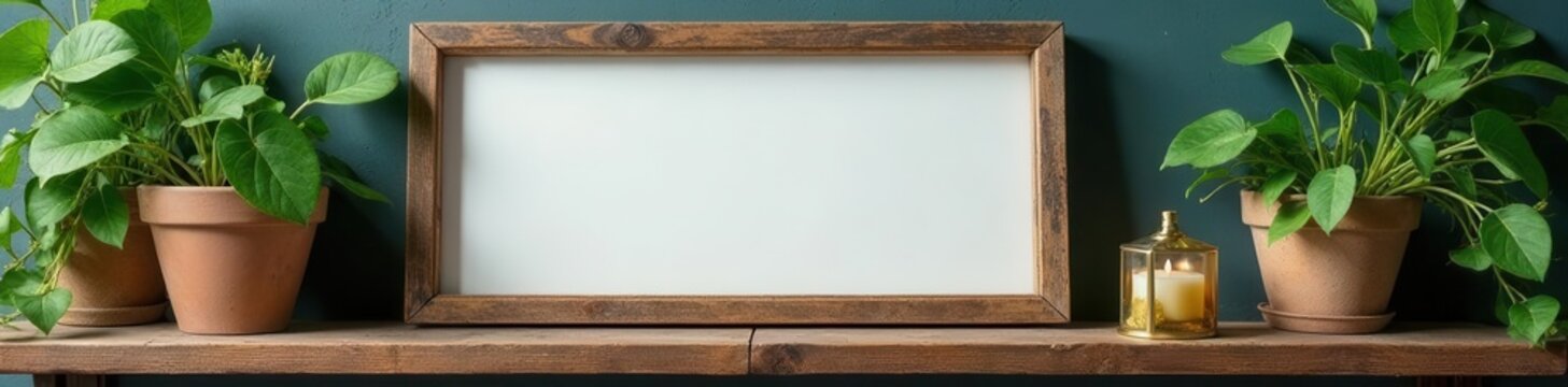 Retro photo frame & greenery on rustic shelf; gold accents , minimal decor, home styling, home accessories