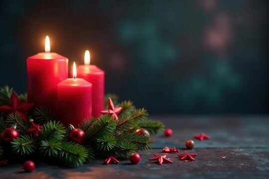 Three advent candles burn brightly on fir branches, festive decorations adorn the scene , fir, cozy, rustic