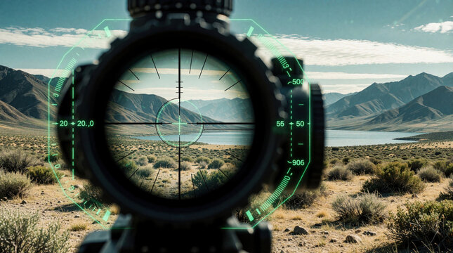 View through sniper rifle scope at desert landscape with mountains, lake. Tactical optic sight aims at distant hills under blue sky. Precision shooting gear shows target view in wilderness for