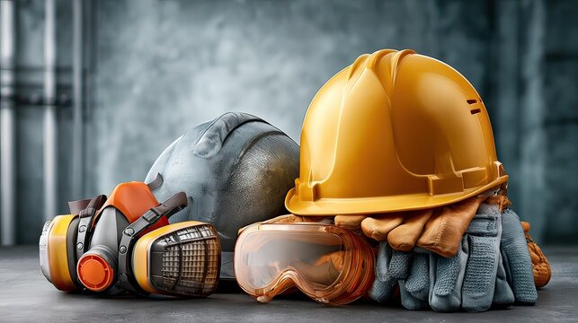 Safety Equipment Including Helmets, Masks, Goggles, and Gloves for Industrial and Construction Work Environments
