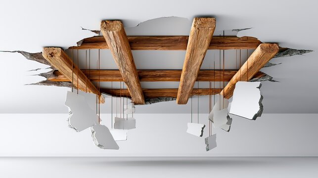 Cracked Ceiling with Exposed Wooden Beams and Hanging Fragments of Drywall in Modern Interior Space