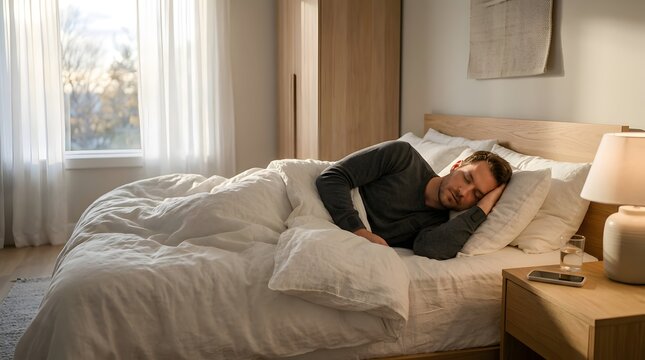 Young man sleeping peacefully in a comfortable bed at home in the morning