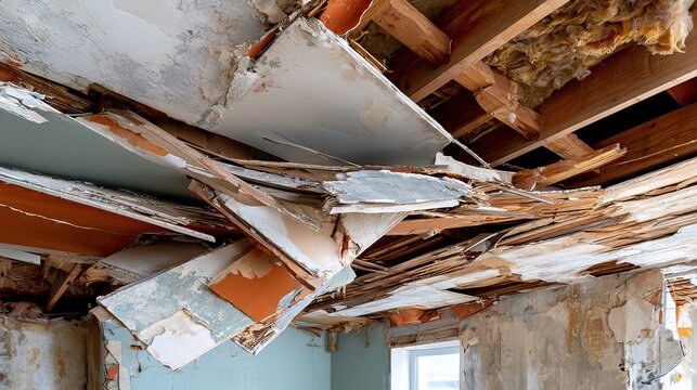 Damaged Ceiling with Exposed Materials and Disarray Causing Concern for Structural Integrity in Abandoned Room