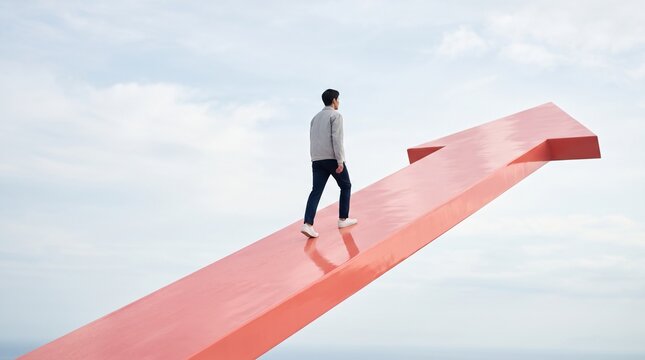 Man walks along a large red arrow pointing upwards scenic view