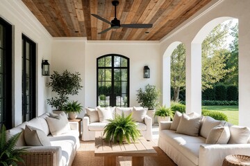 Obraz premium Inviting outdoor living room with white sofas, wood plank ceiling and lush plants. Cozy patio offers comfort, relaxation with garden view, perfect for entertaining guests.