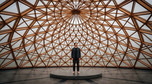Man standing on a circular platform inside a geometric dome structure